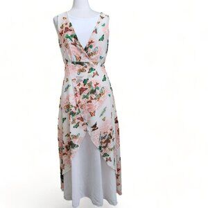 Y2K Retro Meadow Fairy Butterfly Maxi Dress Floral Size Small Chiffon Sleeveless